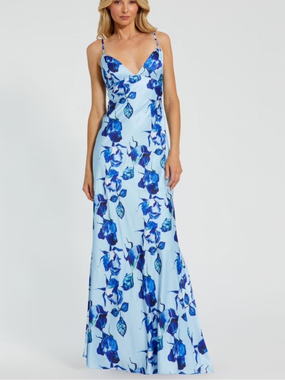 💙🦋🐟 Mac Duggal Sky Blue Floral Slip Maxi Dress with Royal Blue Blooms